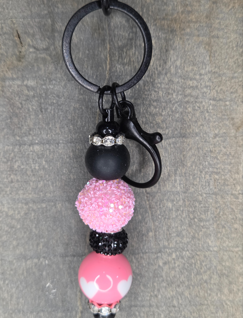 Pink & Black w/ Hearts - Beadable Keychain