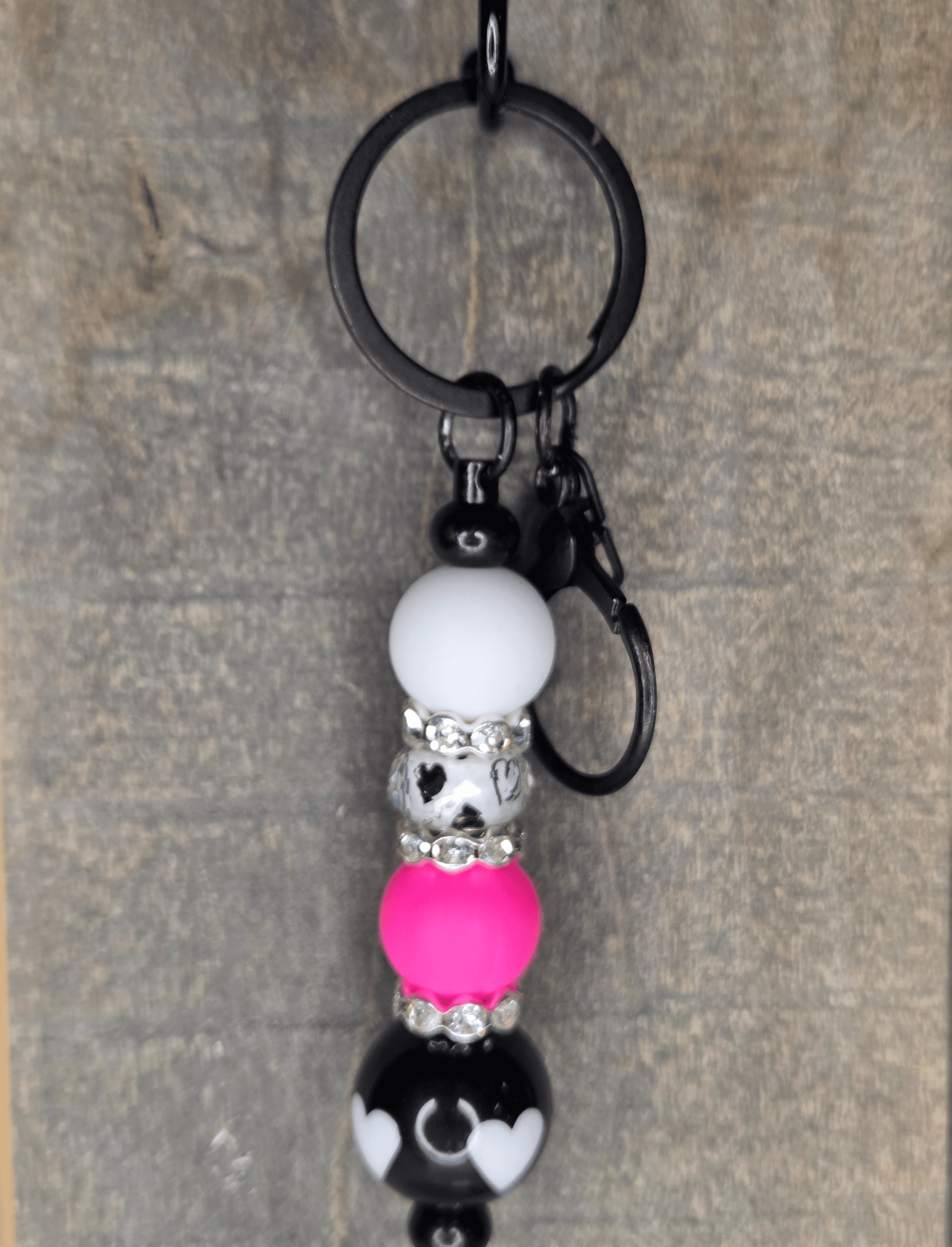 Pink, White, and Black w/ Hearts - Beadable Keychain